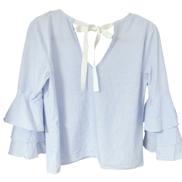 MM by Me Michelle Lace Collar V-neck Low Back Bell Sleeve Women’s Blouse - Picture 3 of 6